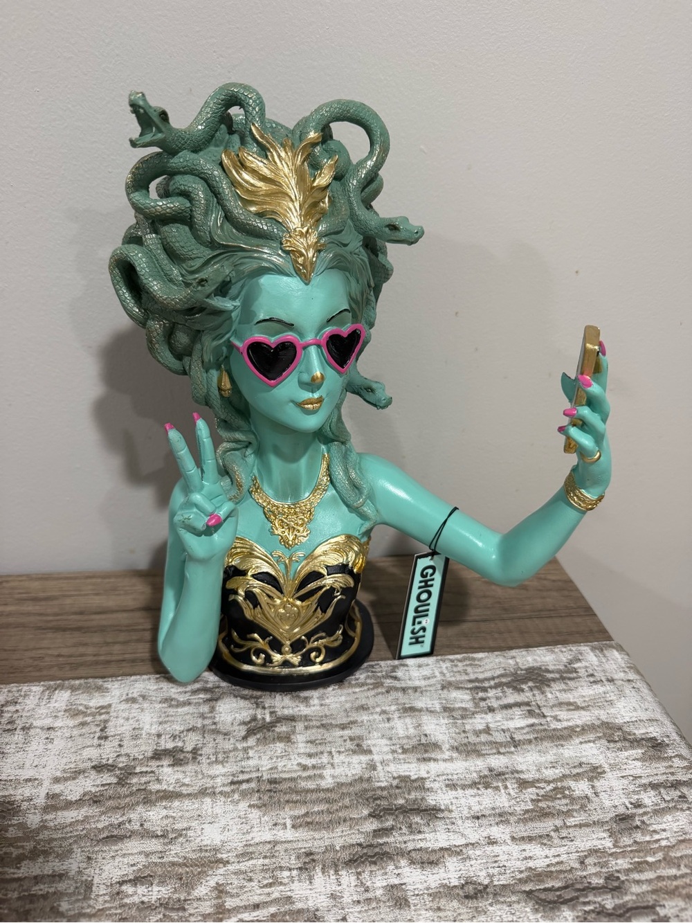 Ghoulish Medusa Bust Figurine in Teal and Gold